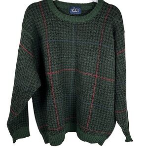 Vintage Woolrich Men’s Green 100% Wool Houndstooth Plaid Crewneck Sweater Sz XL